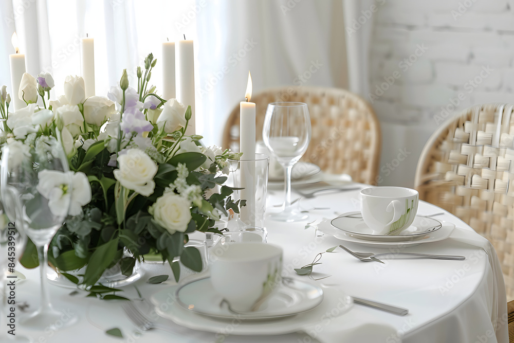 Fototapeta premium Beautiful table setting with eustoma flowers and candles for wedding celebration in room
