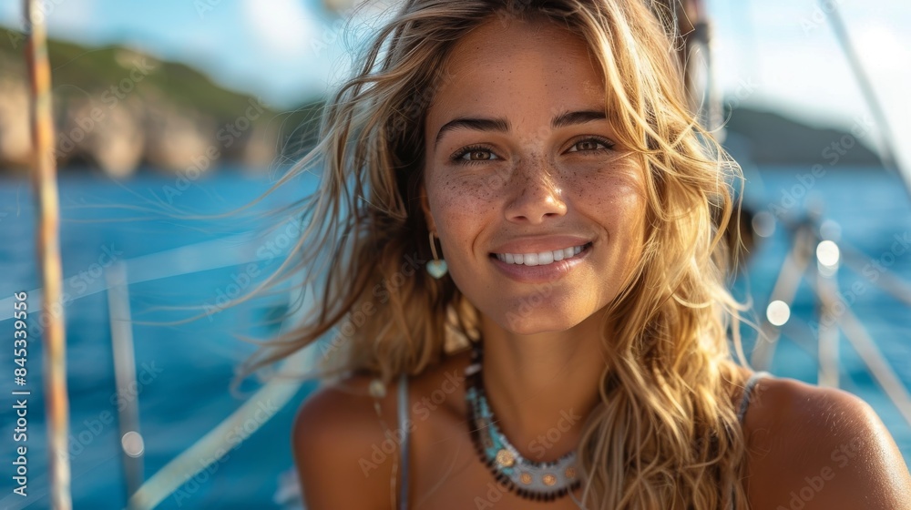 A woman with freckles and a relaxed smile enjoys a sunny day on a yacht, exuding happiness and freedom A woman with freckles and a relaxed smile enjoys a sunny day on a yacht, exuding happiness and freedom