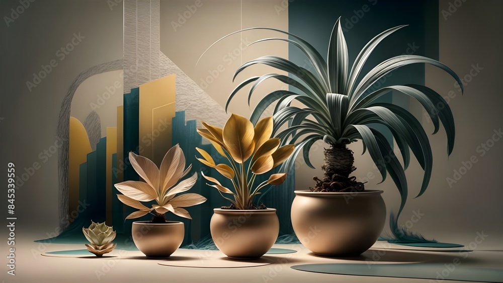 Three potted plants are on a table with one that says potted . Three potted plants are on a table with one that says potted .