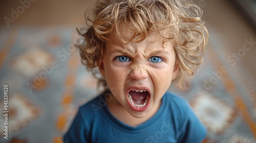 A young child with curly hair opens his mouth wide in a scream, showing frustration or temper tantrum