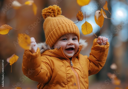 Cute happy smiling baby playing with autumn leaves on the ground, in a park, with yellow trees in the background, depicting the fall season concept.