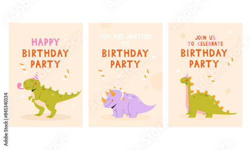 Childrens birthday invitation set. Children's posters set with dinosaurs