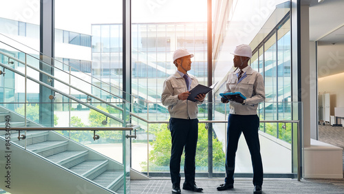 Group of multinational engineers having a conversation in a building © metamorworks