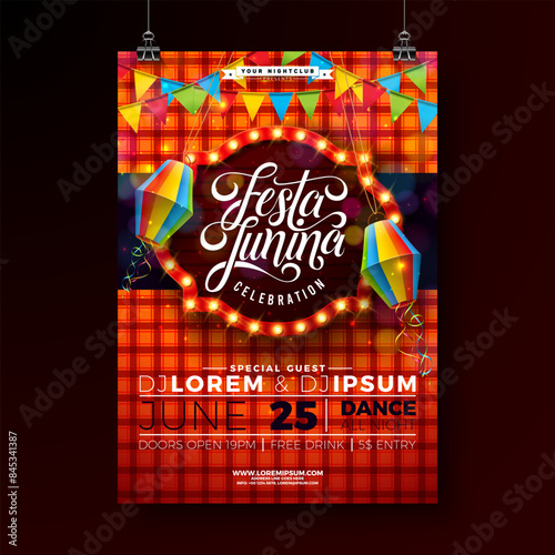 Festa Junina Party Flyer Design with Party Flags, Paper Lantern and Light Bulb Billboard on Red Checkered Background. Vector Brazil June Festival Illustration for Celebration Poster or Holiday