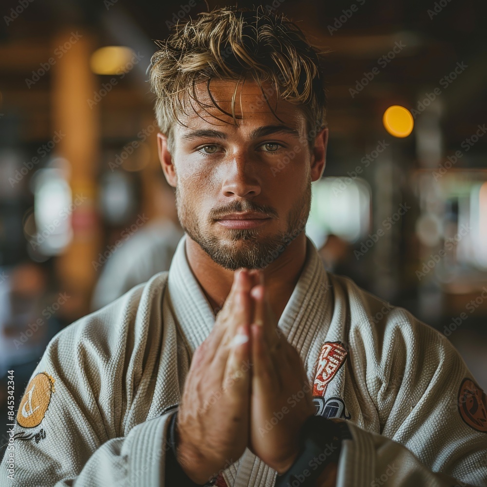 Male Brazilian Jiu-Jitsu Athlete Gears Up for Training Male Brazilian Jiu-Jitsu Athlete Gears Up for Training