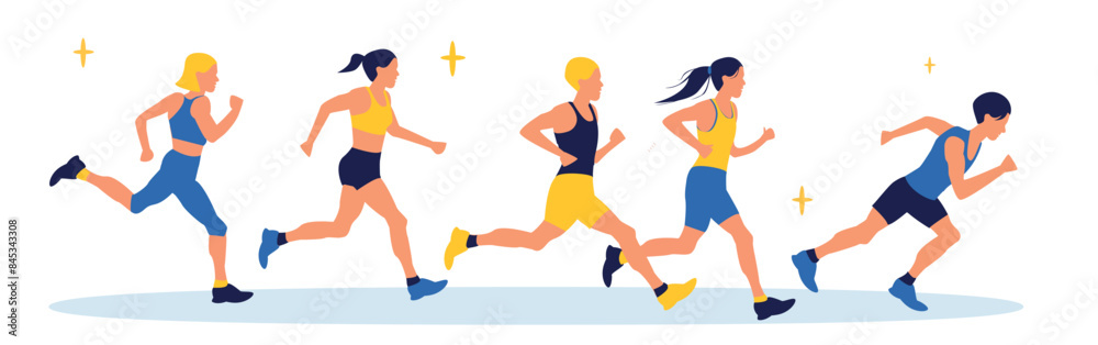 Set of  cartoon characters of young people running.  Healthy lifestyle. Lose weight. Sports, running, training,  jogging, marathon, city competition, marathons, cardio workout, exercise.
