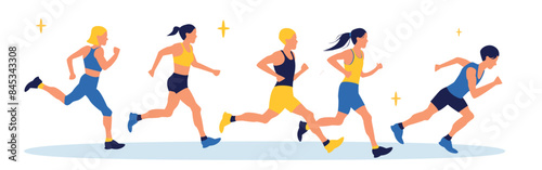 Set of  cartoon characters of young people running.  Healthy lifestyle. Lose weight. Sports, running, training,  jogging, marathon, city competition, marathons, cardio workout, exercise.
