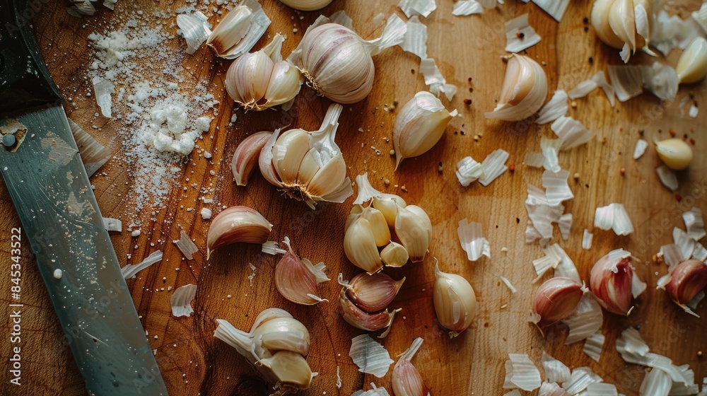 Garlic cloves surround garlic on the cutting board Garlic cloves surround garlic on the cutting board