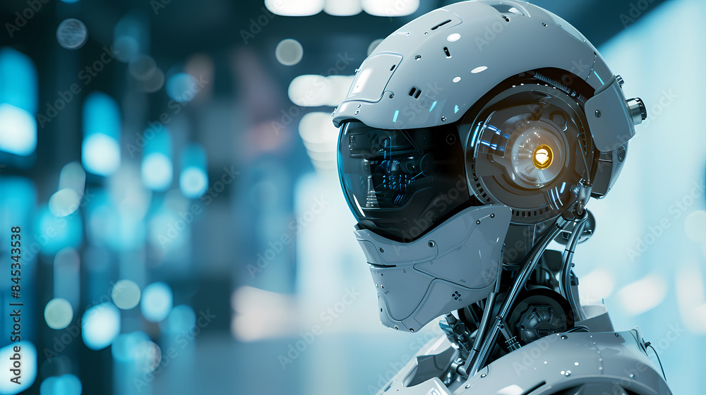 Fototapeta premium 3D rendering showcasing a futuristic robot imbued with advanced artificial intelligence capabilities, blending sleek mechanical design with the enigmatic essence of AI technology.