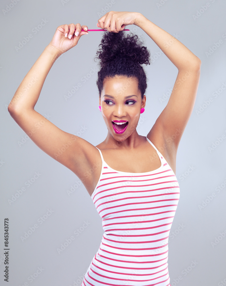 Comb, shocked and haircare for female person, afro and hairstyle on white background. Surprise, cosmetics and brush for curly hair woman model, arms and up for self care and grooming treatment Comb, shocked and haircare for female person, afro and hairstyle on white background. Surprise, cosmetics and brush for curly hair woman model, arms and up for self care and grooming treatment
