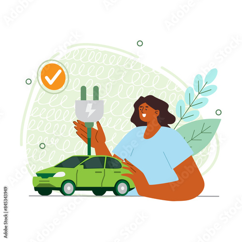 Vector illustration on the theme of energy saving and environmental protection. The girl holds a car charger in her hands.