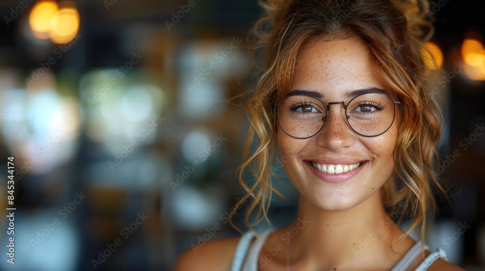 A woman wearing glasses smiles brightly, illuminated by warm cafe lights