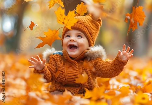 Cute happy smiling baby playing with autumn leaves on the ground, in a park, with yellow trees in the background, depicting the fall season concept.