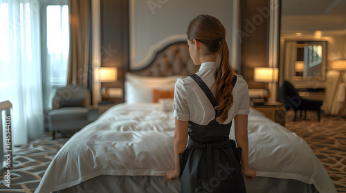 Female housekeeper making the bed in a modern design hotel room, the woman is wearing uniform and black apron and white shirt , person cleaning a room representing housekeeping in hospitality trade
