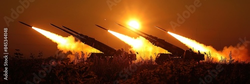 Multiple missiles launch from a military base during a training exercise, silhouetted against a dramatic sunset sky