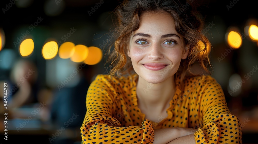 Fototapeta premium A young woman smiles warmly in a cafe, bathed in the soft glow of string lights