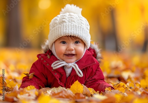 Cute happy smiling baby playing with autumn leaves on the ground, in a park, with yellow trees in the background, depicting the fall season concept.