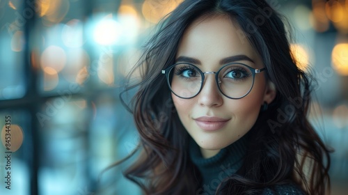 A woman with long dark hair wears round glasses and looks out a window with warm lights in the background