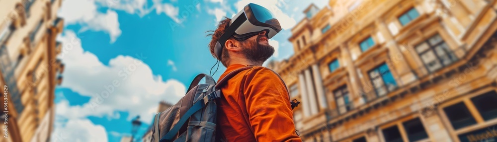 Man wearing VR headset exploring city with backpack. Man wearing VR headset exploring city with backpack.