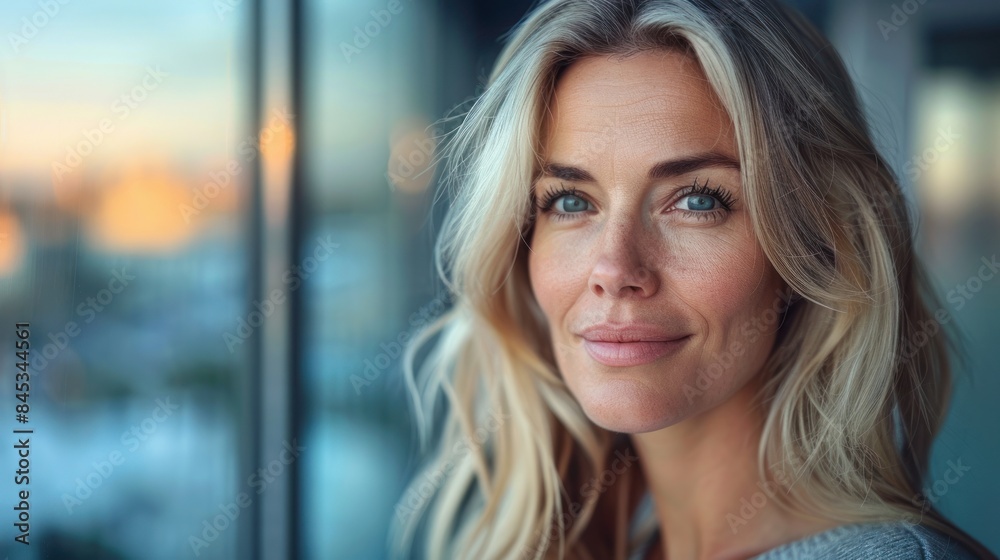 A woman with blonde hair smiles softly while standing next to a glass window A woman with blonde hair smiles softly while standing next to a glass window