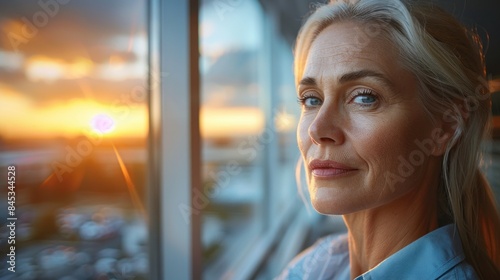 A woman with blonde hair looks out of a window towards a sunset in the city