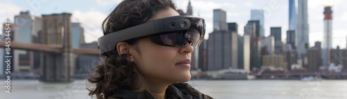 Woman wearing futuristic glasses looks out over cityscape. © sceneperfect