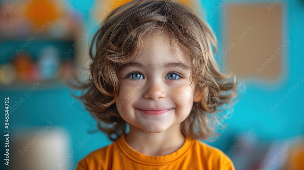 A young child with blonde curly hair smiles brightly, wearing a vibrant orange shirt A young child with blonde curly hair smiles brightly, wearing a vibrant orange shirt