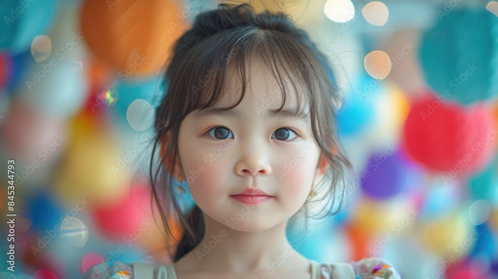 A young girl with dark hair stares intently at the camera with a background of vibrant, out-of-focus lights A young girl with dark hair stares intently at the camera with a background of vibrant, out-of-focus lights