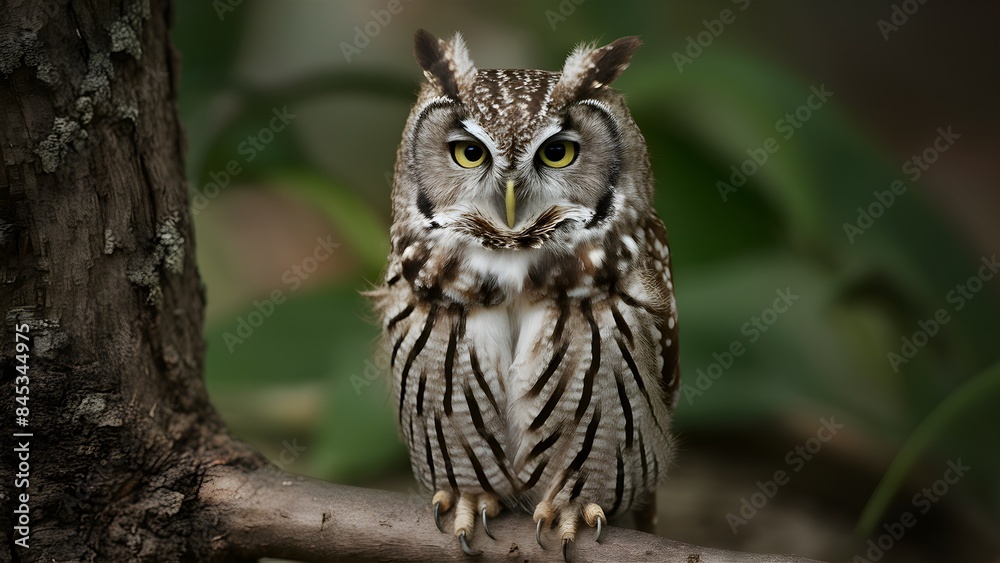 Close-up of an owl perched on a tree in the forest, with gray feathers featuring shades of brown, black, and white. It is standing on a branch, with big, staring eyes. A wild bird