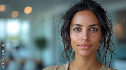Fototapeta Naklejka Na Ścianę i Meble -  A woman with long, dark hair smiles softly, her eyes filled with a sense of calm confidence