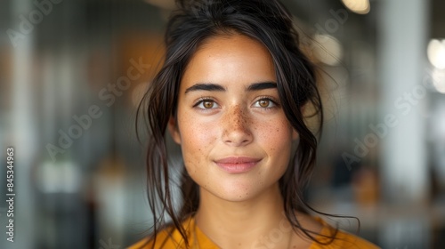 A woman with freckles smiles softly, looking directly at the camera in a modern office