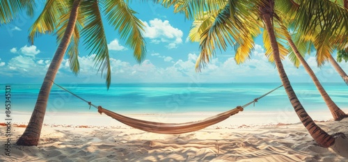 Sunny tropical beach with palm trees and hammock for vacation banner.