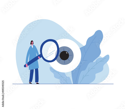 Ophthalmologist examines the eye hand drawn vector illustration on isolated background. Oculist character in cartoon style. Medicine and healthcare concept. For card, flyer, paper, design, banner