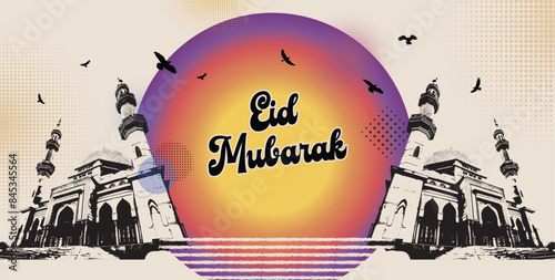 Eid Mubarak Celebration: Vibrant Mosque and Sunset Vector Illustration, Ramadan Mubarak, Eid Al Fitr, Eid  Al Adha, Kurban Bayram banner