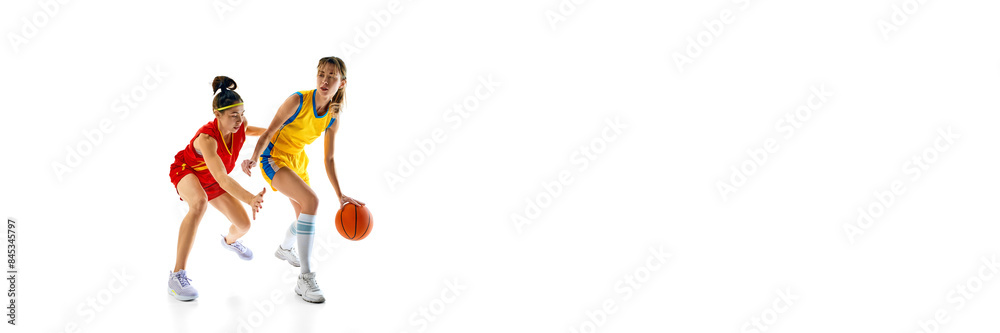 Fototapeta premium Banner for sport event announcement. Two women, basketball players in motion during game, isolated on white studio background. Concept of sport, active lifestyle, competition, game, dynamics.