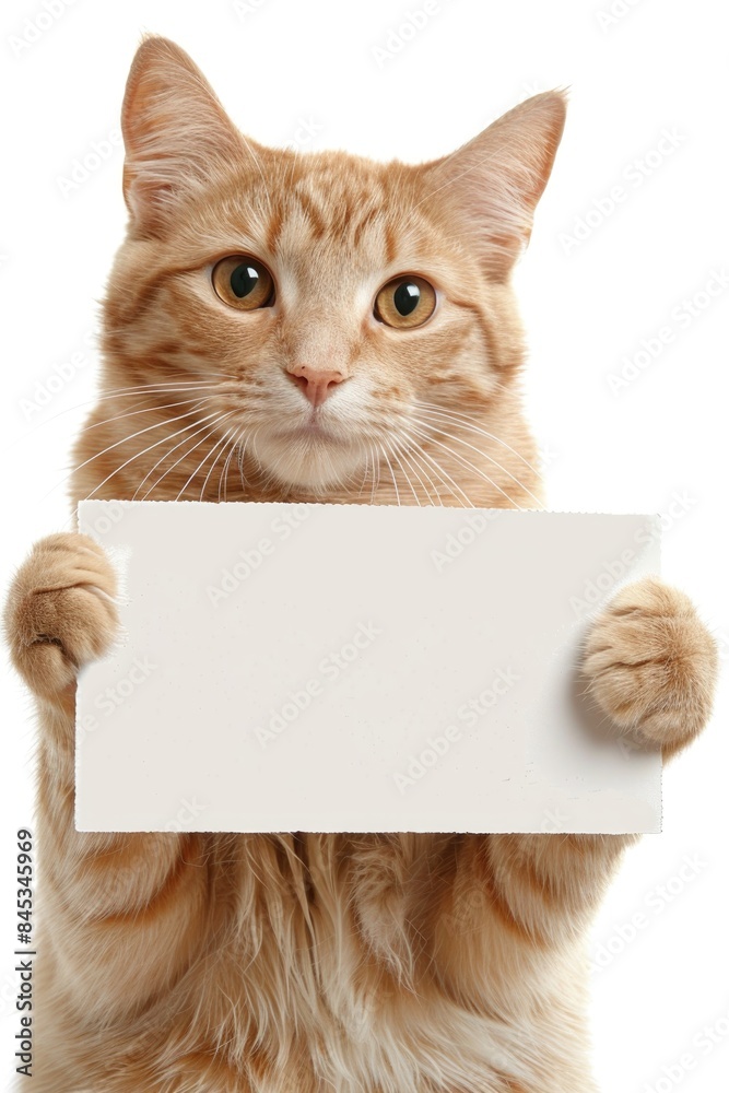Adorable Ginger Kitten Holding Blank White Sign Isolated on White Background Adorable Ginger Kitten Holding Blank White Sign Isolated on White Background