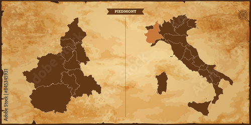 Piedmont state map, Italy map with federal states in A vintage map based background, Political Italy Map