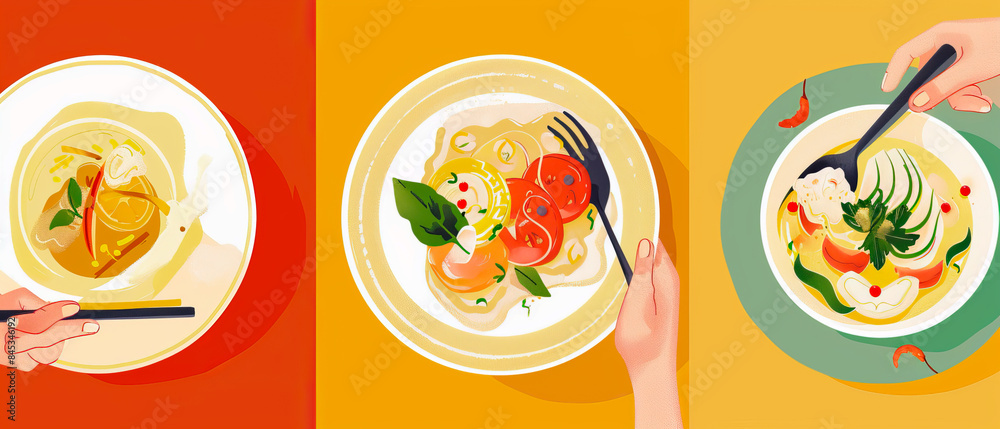 Three plates of Asian food with colorful background