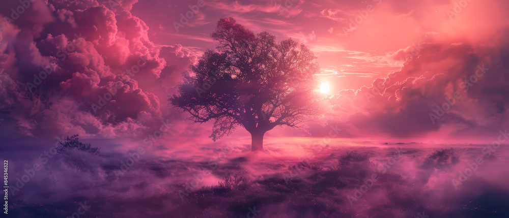 Fantasy scenery with tree in the middle of field with pink sky Fantasy scenery with tree in the middle of field with pink sky