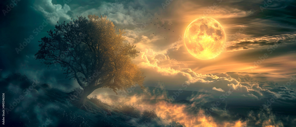 A tree is in the foreground of a sky with a large yellow moon A tree is in the foreground of a sky with a large yellow moon