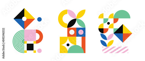 Set of geometric pattern element background vector. Collection of abstract circle, square, polygon shape with colorful tone. Modern and trendy design for decor, cover, print, interior deco.