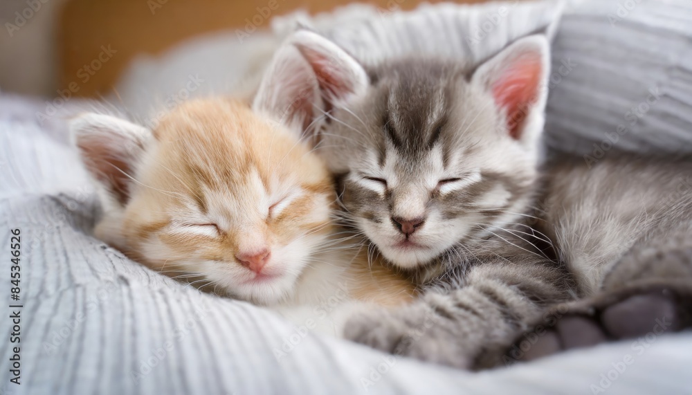 Two kittens are sleeping in bed, hugging each other.Generated with AI Two kittens are sleeping in bed, hugging each other.Generated with AI