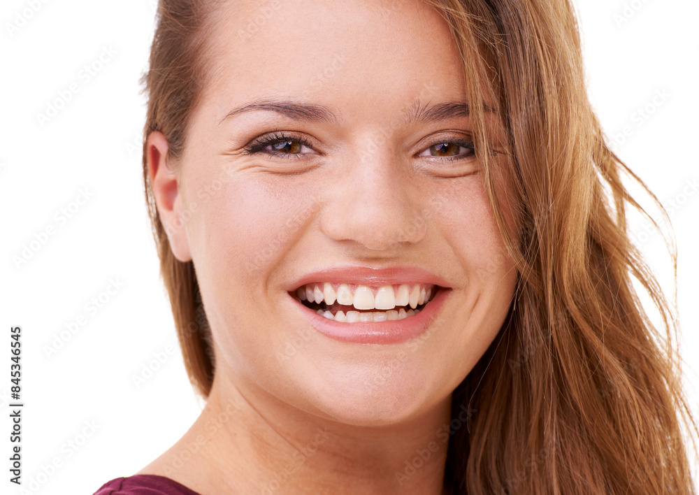 Portrait, skincare glow or woman laughing with smile or beauty isolated on white background. Happy model, transformation or person in Ireland, studio or salon for hair shine or natural face results Portrait, skincare glow or woman laughing with smile or beauty isolated on white background. Happy model, transformation or person in Ireland, studio or salon for hair shine or natural face results
