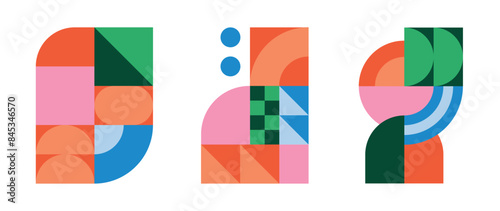 Set of geometric pattern element background vector. Collection of abstract circle, square, polygon shape with colorful tone. Modern and trendy design for decor, cover, print, interior deco.