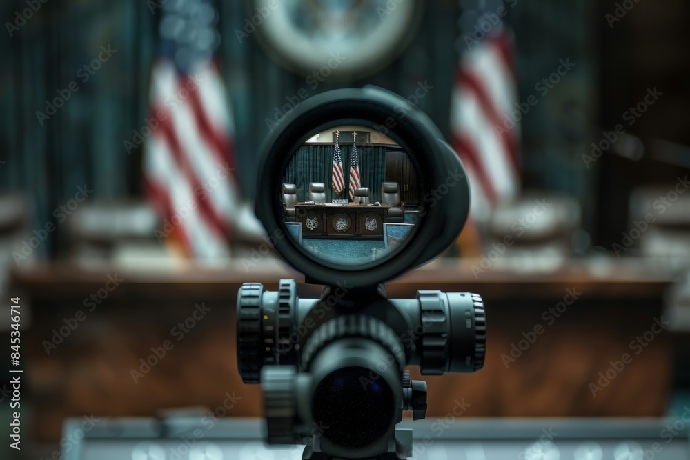 Obraz premium View of a politician through the optical sight of a sniper rifle, assassination