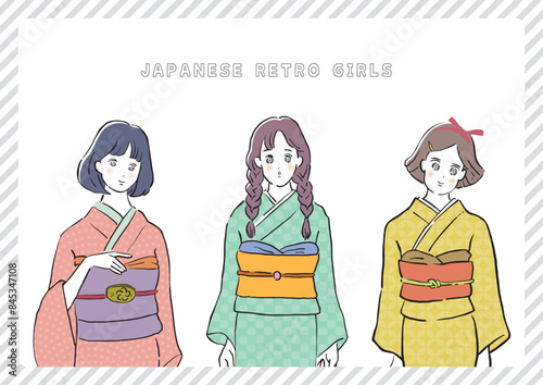 着物を着たレトロ日本人女性 シンプルイラストセット photo