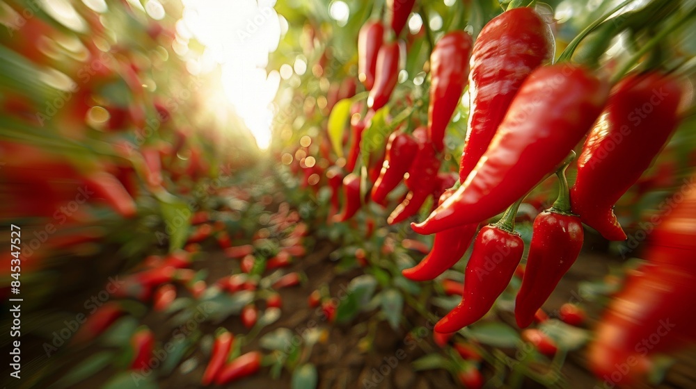 A vibrant image of ripe red chili peppers growing on a farm, the sunshine enhancing their colors