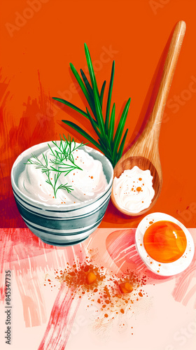 Modern illustrated dessert in a glass with a spoon and egg, featuring botanical elements. photo