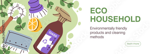 Eco household cleaning products, web-site banner design. Zero waste supplies, ecological green detergent and tools for housework. Flat vector illustration for website page, online store template