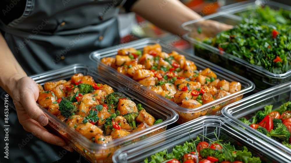 An array of freshly prepared meals neatly packed in disposable containers, ready for delivery by a food service